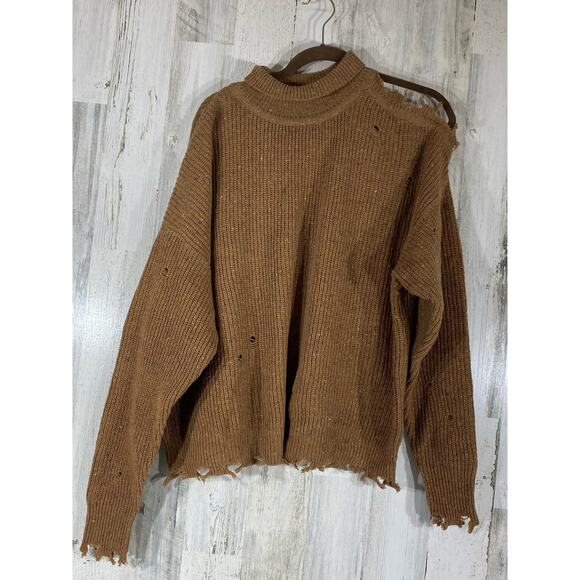 Zenana Sweater Size Medium Brown Color Flecks Open Shoulder Distressed Oversized - Picture 10 of 11